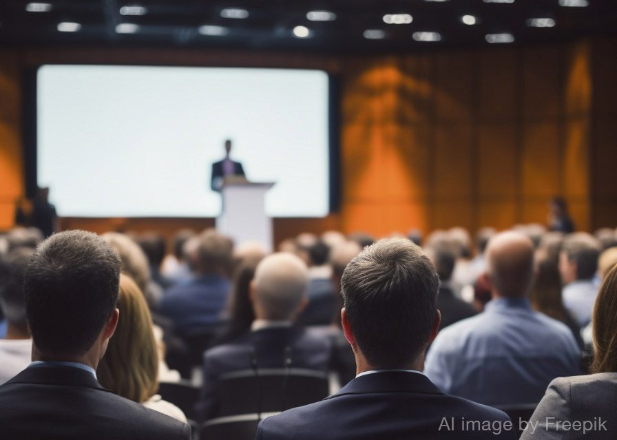 View from back of a full lecture theatre to speaker in the distance in front of a large blank screen